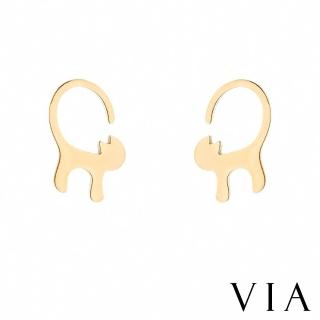 【VIA】白鋼耳釘 白鋼耳環 貓咪耳環/動物系列 頑皮貓咪造型白鋼耳釘(金色)