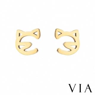 【VIA】白鋼耳釘 白鋼耳環 線條耳環/動物系列 貓咪線條造型白鋼耳釘(金色)