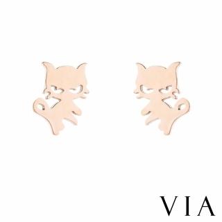 【VIA】白鋼耳釘 白鋼耳環 貓咪耳環/動物系列 調皮小野貓造型白鋼耳釘(玫瑰金色)