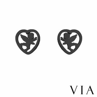 【VIA】白鋼耳釘 白鋼耳環 縷空耳環/時尚系列 愛心縷空線條邱比特造型白鋼耳釘(黑色)