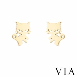 【VIA】白鋼耳釘 白鋼耳環 貓咪耳環/動物系列 調皮小野貓造型白鋼耳釘(金色)