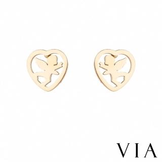 【VIA】白鋼耳釘 白鋼耳環 縷空耳環/時尚系列 愛心縷空線條邱比特造型白鋼耳釘(金色)