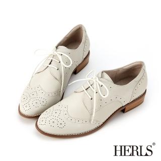 【HERLS】德比鞋-全真皮翼紋雕花橢圓頭低跟德比鞋(灰白色)