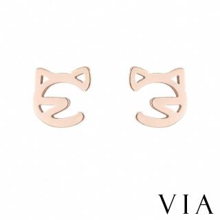 【VIA】白鋼耳釘 白鋼耳環 線條耳環/動物系列 貓咪線條造型白鋼耳釘(玫瑰金色)