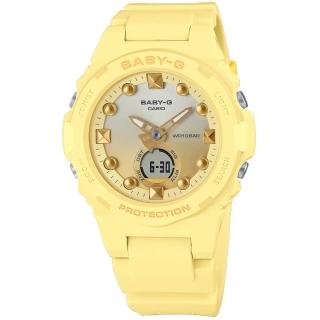 【CASIO 卡西歐】Baby-G 夏日海洋 漸層色彩 雙顯 世界時間 防水100米 橡膠手錶 檸檬黃色 42mm(BGA-320-9A)