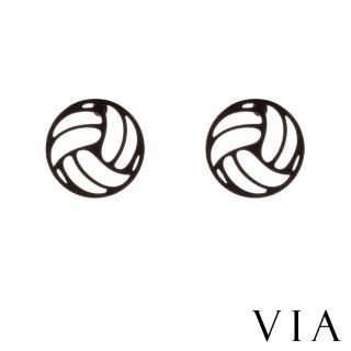 【VIA】白鋼耳釘 白鋼耳環 縷空耳環/運動系列 幾何縷空線條排球造型白鋼耳釘(黑色)