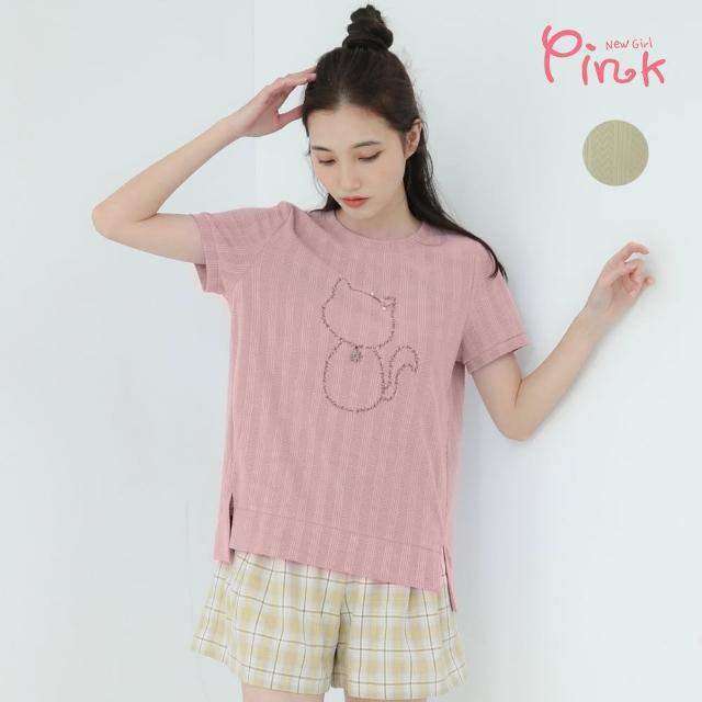 【PINK NEW GIRL】甜美圓領貓咪印圖短袖上衣 L5302HD(2色)