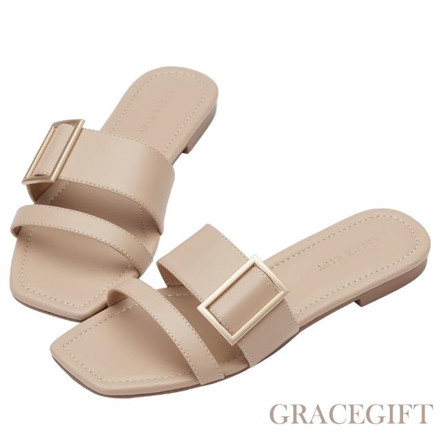【Grace Gift】一字雙帶方釦平底拖鞋(灰褐)