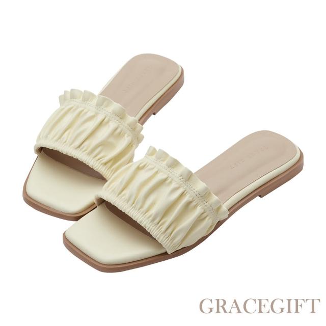【Grace Gift】雲朵抓皺荷葉邊平底拖鞋(淺黃)