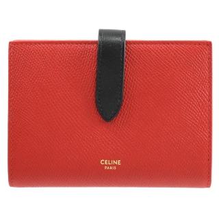 【CELINE】經典品牌燙金防刮皮革扣式寬版零錢中夾(紅黑)