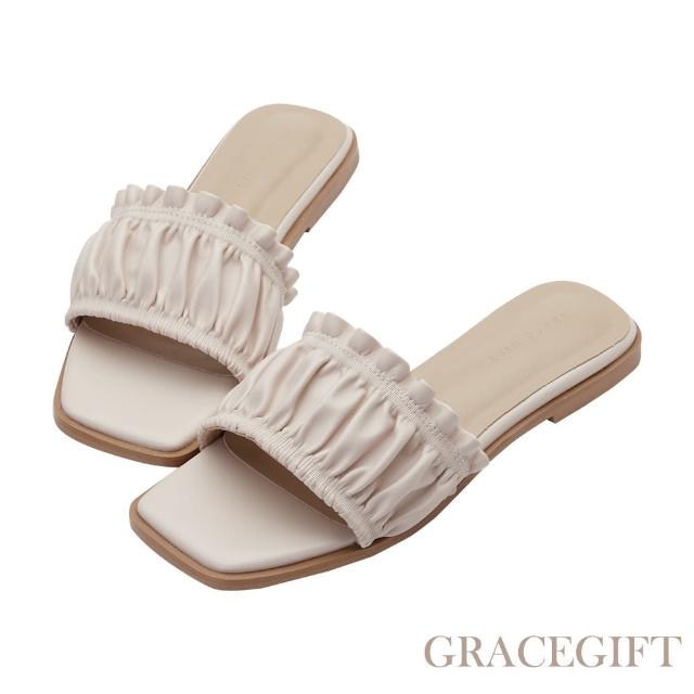 【Grace Gift】雲朵抓皺荷葉邊平底拖鞋(杏)
