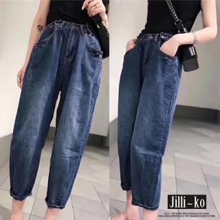 【JILLI-KO】新款寬鬆高腰老爹哈倫直筒牛仔褲-M/L/XL(藍)