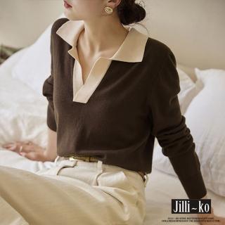 【JILLI-KO】法式優雅復古翻領撞色寬鬆針織衫-F(黑/咖)