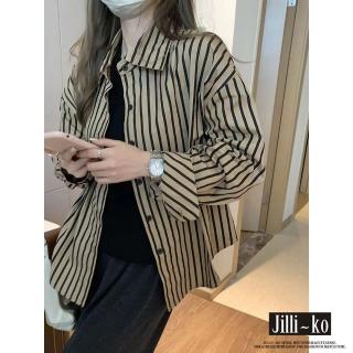 【JILLI-KO】復古鹽系設計感寬鬆休閒直條紋襯衫-F(黑)