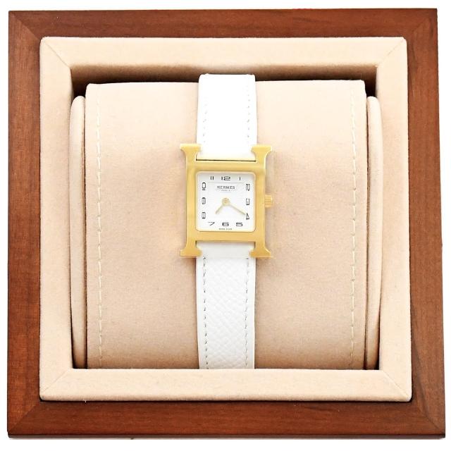 【Hermes 愛馬仕】Heure H 經典品牌H框造型石英時尚皮革腕錶(白/金)