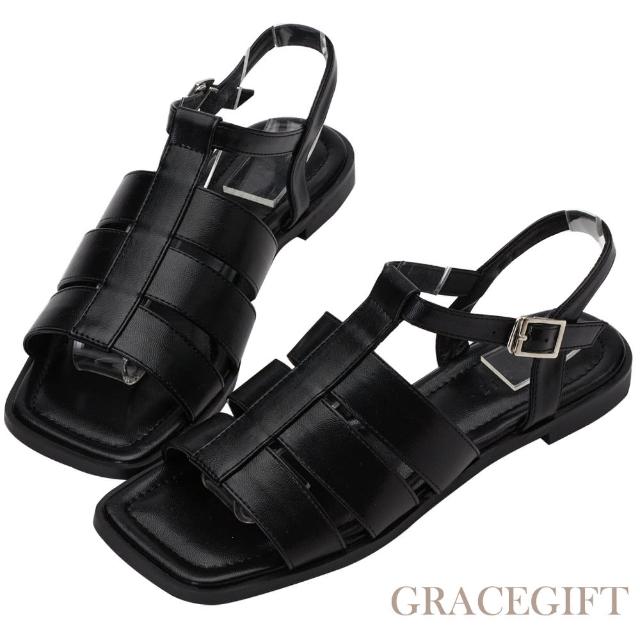 【Grace Gift】編織寬帶低跟涼鞋(黑)