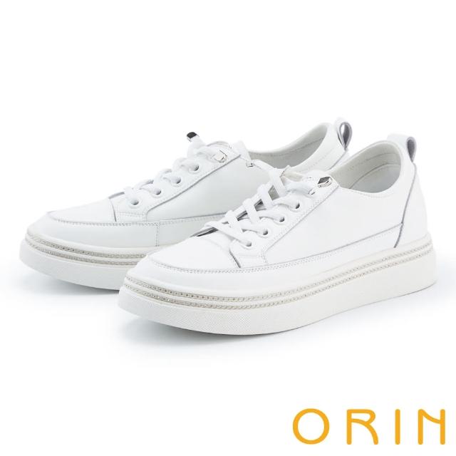【ORIN】環繞鑽飾真皮免綁帶厚底休閒鞋(白色)