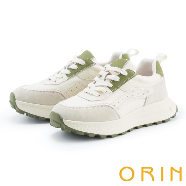 【ORIN】雙皮質拚色綁帶厚底休閒鞋(米+綠)