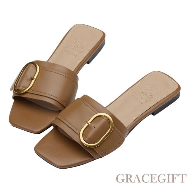 【Grace Gift】薛妞妞聯名-法式慵懶金屬環真皮平底拖鞋(咖)