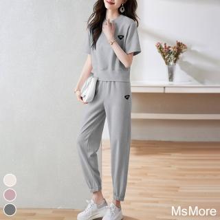 【MsMore】棉運動套裝夏季灰色薄款短袖圓領休閒跑步服長褲寬鬆大碼兩件式套裝#116999(3色)