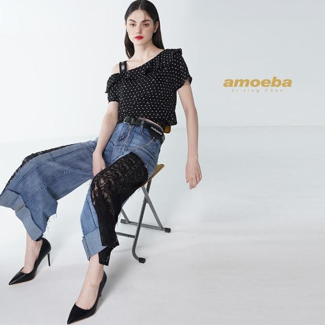 【amoeba】吊帶荷葉單肩上衣(休閒時尚 百搭推薦)