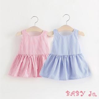 【BABY Ju 寶貝啾】夏天後挖背條紋外出套裝(粉色 / 藍色)
