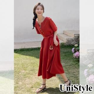 【UniStyle】現貨 V領短袖洋裝 法式優雅風 女 ZM103-2399(復古紅)