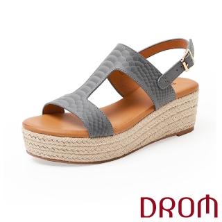 【DROM】坡跟涼鞋 厚底涼鞋/歐美復古時尚工字皮紋草編坡跟厚底涼鞋(灰)