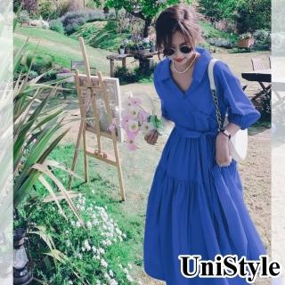 【UniStyle】現貨 收腰五分袖洋裝 顯瘦清新襯衫裙 女 ZM109-8017(克萊茵藍)