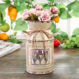 【JEN】歐式復古做舊園藝鐵桶花瓶擺飾高19cm米色
