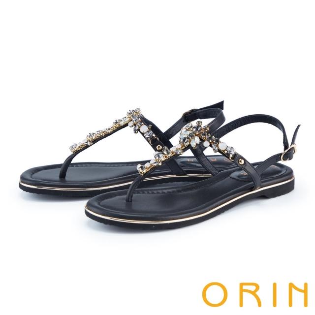 【ORIN】輕奢鑽飾鑲金平底夾腳涼鞋(黑色)