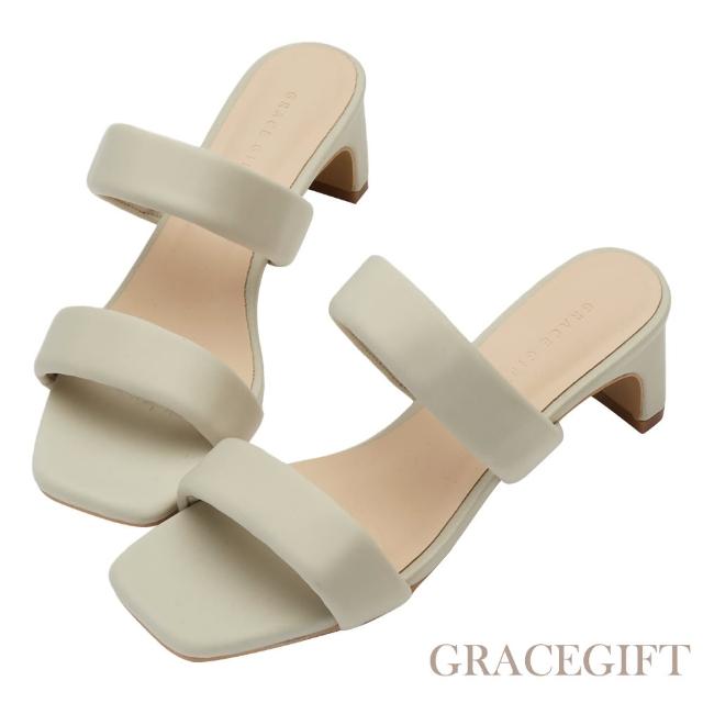 【Grace Gift】俐落斜方頭雙帶中跟拖鞋(杏)