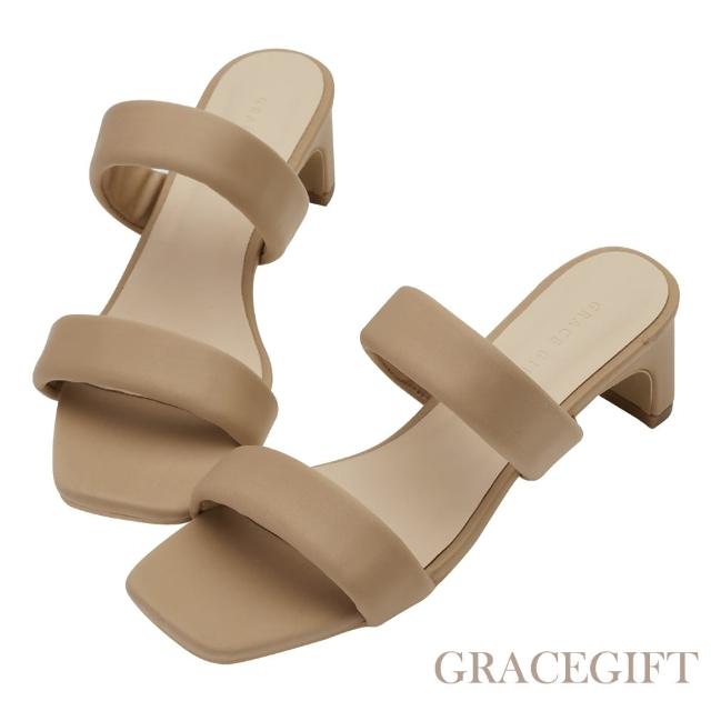 【Grace Gift】俐落斜方頭雙帶中跟拖鞋(卡其)