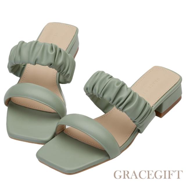 【Grace Gift】雙帶雲朵低跟拖鞋(綠)