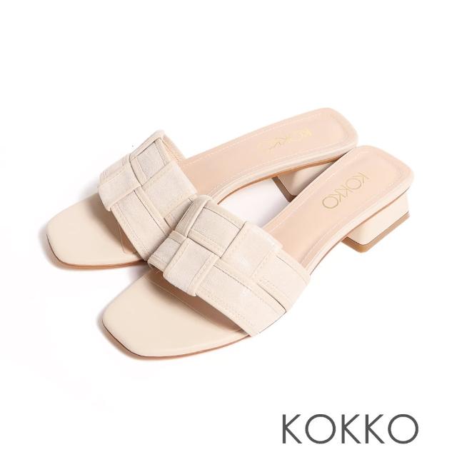 【KOKKO 集團】率性方頭棋盤編織粗跟涼拖鞋(白色)