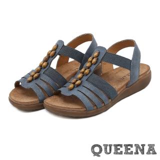 【QUEENA】厚底涼鞋 羅馬涼鞋/復古民族風個性串珠舒適厚底羅馬涼鞋(藍)