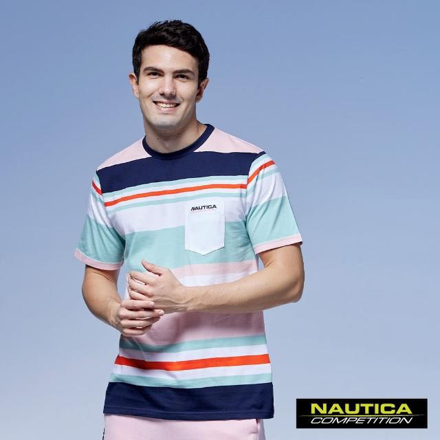 【NAUTICA】男裝 COMPETITION撞色條紋短袖T恤(粉藍色)
