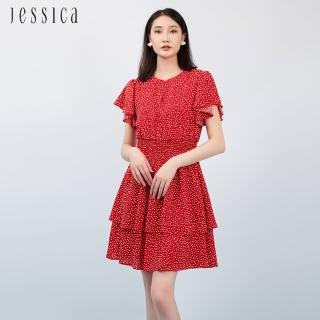 【JESSICA】甜美點點雪紡蛋糕裙擺收腰短袖洋裝23327A（紅）
