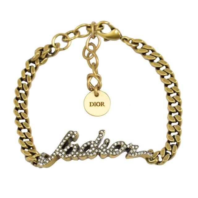 【Dior 迪奧】專櫃商品 品牌JADIOR LOGO水鑽復古鎖鏈手鍊(古銅金)