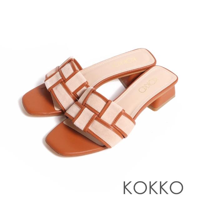 【KOKKO 集團】率性方頭棋盤編織粗跟涼拖鞋(棕色)