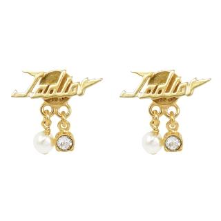 【Dior 迪奧】專櫃商品 品牌JADIOR水鑽珍珠雙吊飾針式耳環(金)