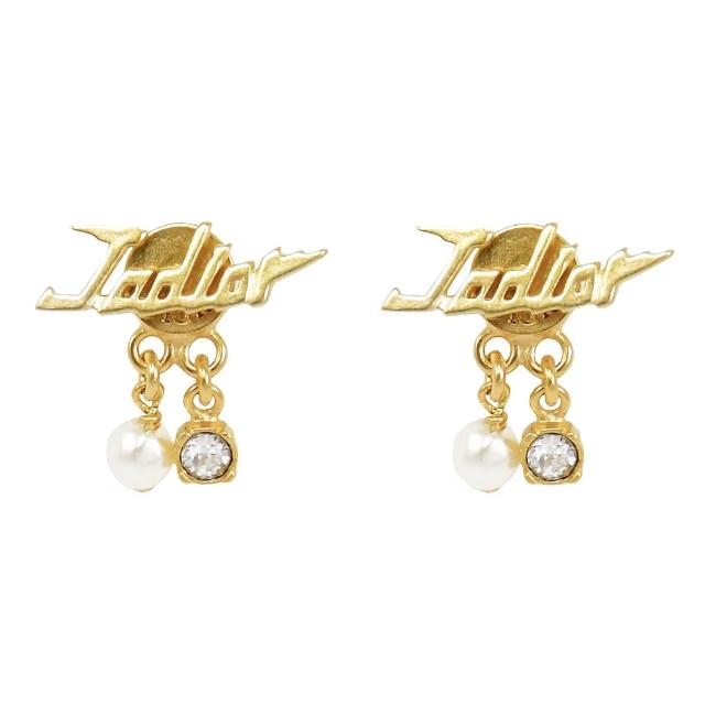 【Dior 迪奧】專櫃商品 品牌JADIOR水鑽珍珠雙吊飾針式耳環(金)