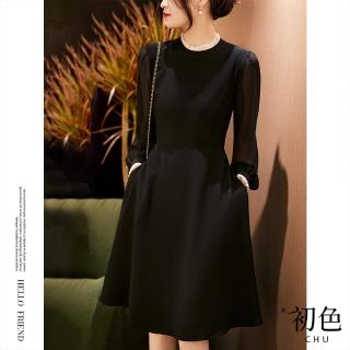 【初色】網紗收腰修身連身連衣裙洋裝-黑色-63681(M-XL可選)