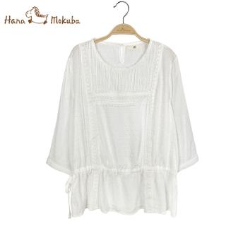 【Hana Mokuba】花木馬日系女裝寬鬆圓領蕾絲花邊綁帶收腰七分袖上衣(上衣)