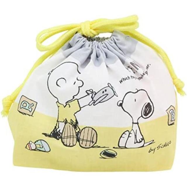 【小禮堂】Snoopy 棉質束口便當袋  - 黃白玩具款(平輸品)