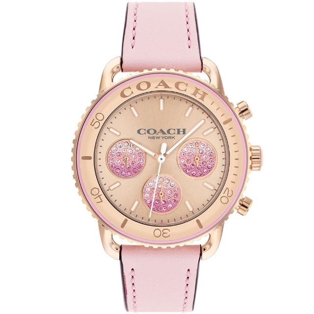 【COACH】官方授權經銷商 Cruiser 粉彩晶鑽三眼計時手錶-37mm/粉x玫瑰金 母親節 禮物(14504123)