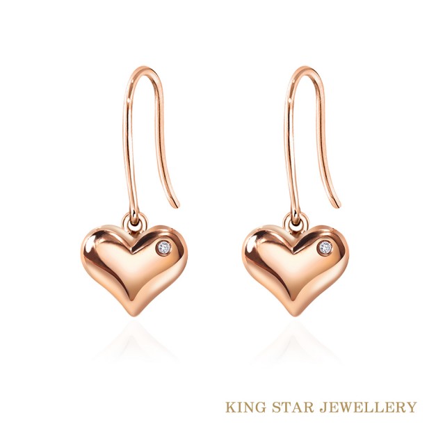 【King Star】18K玫瑰金愛心耳勾式鑽石耳環