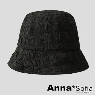 【AnnaSofia】防曬遮陽漁夫帽盆帽-方塊泡泡紗皺 現貨(黑系)