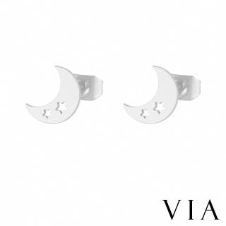 【VIA】白鋼耳釘 白鋼耳環 縷空耳環/星空系列 縷空星星月牙造型白鋼耳釘(鋼色)