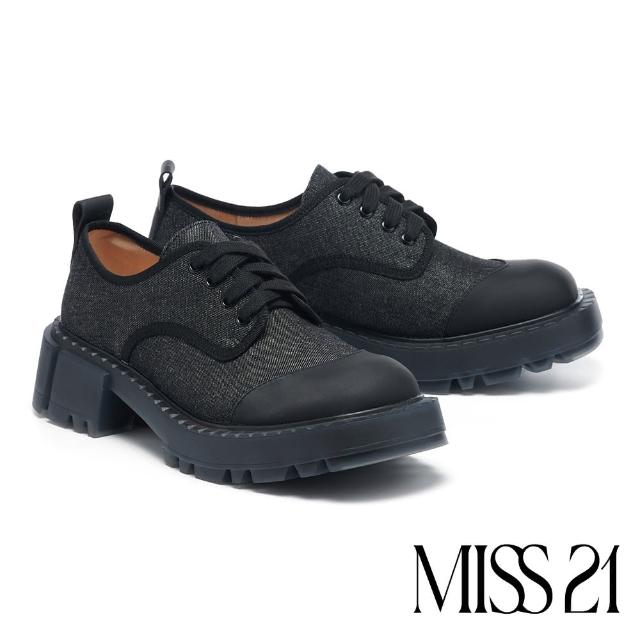 【MISS 21】霸氣酷跩異材質拼接綁帶厚底鞋(黑)